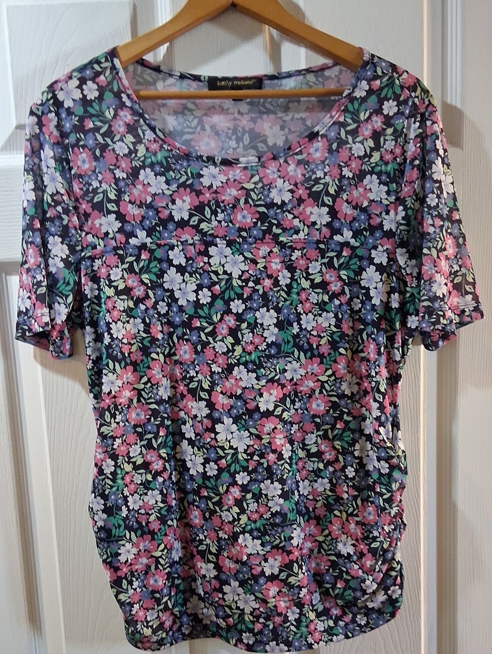 kathy ireland Floral Short-Sleeve Scoop Neck Top - Pink, White & Navy Stretchy